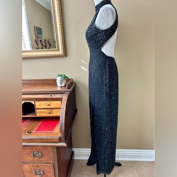 Vintage 90's Cache Black Silk Beaded Sequin Halter Gown Maxi Dress Size Large - Picture 6 of 16